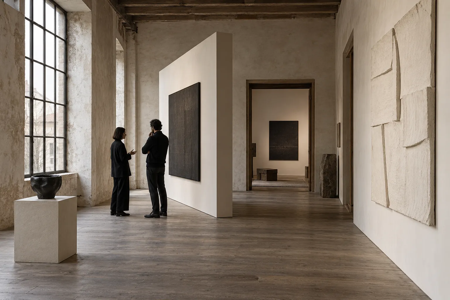 Concept of an intimate artist gallery in a converted atelier, with a movable exhibition wall and two people discussing the work