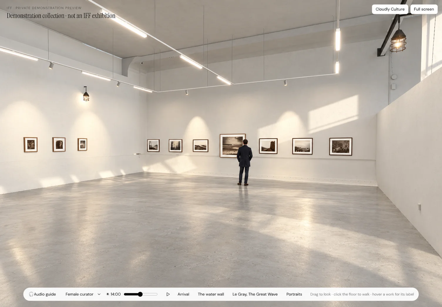 AI-enhanced visualisation of the Vernissage IFF demonstration, with a visitor viewing framed photographs